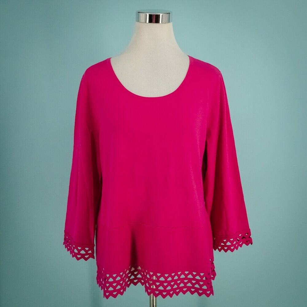 Talbots Size XL Pink Lace Knit Trim Detail Keyhole Tie Back 3/4 Sleeve Sweater